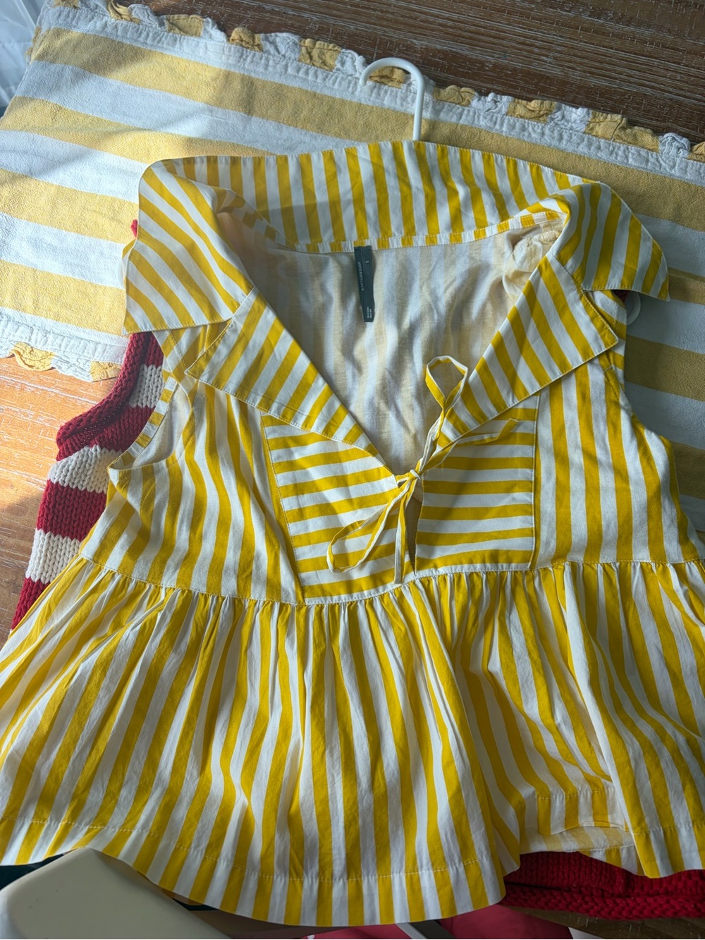 Anthropologie Yellow and White Striped Peplum Tie-Front Top